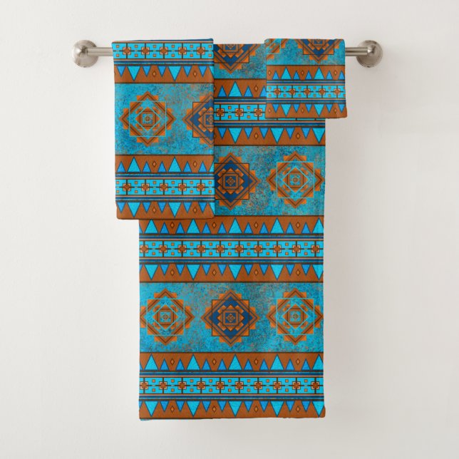 Southwest Mountain Peaks Geometric Turquoise Print Bath Towel Set (Insitu)