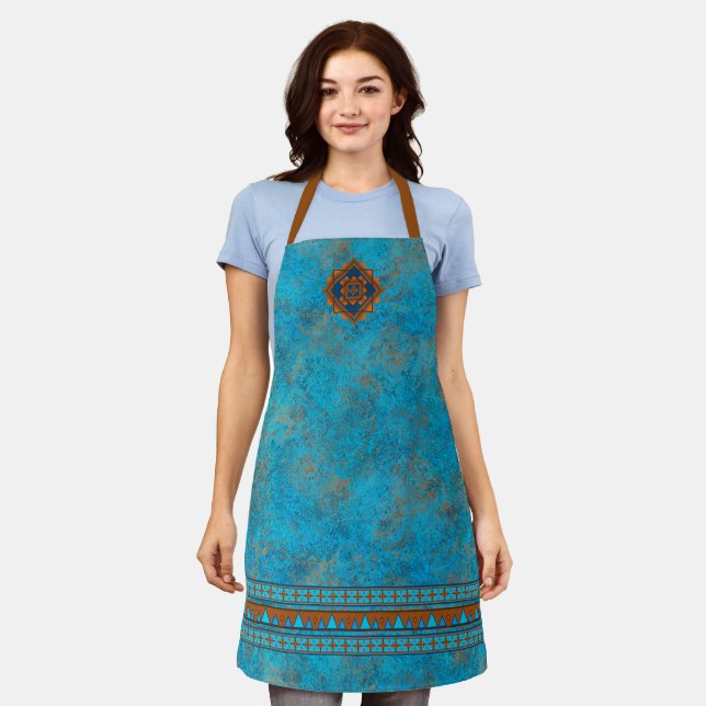 Southwest Mountain Peaks Turquoise Blue Geometric Apron (Worn)