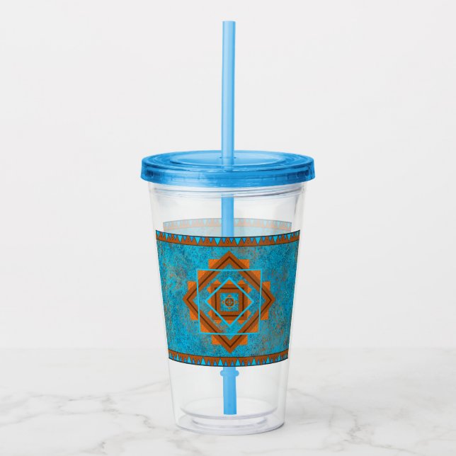 Southwest Mountain Peaks Turquoise Geometric Acrylic Tumbler (Front)