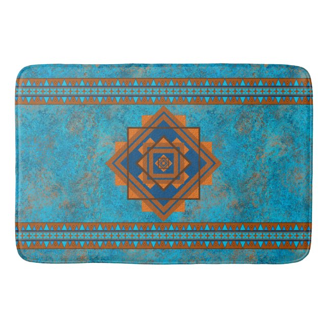 Southwest Mountain Peaks Turquoise Geometric Bath Mat (Front)