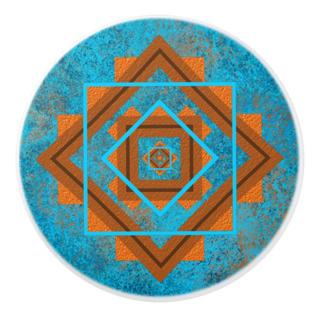 Southwest Mountain Peaks Turquoise Geometric Ceramic Knob (Front)