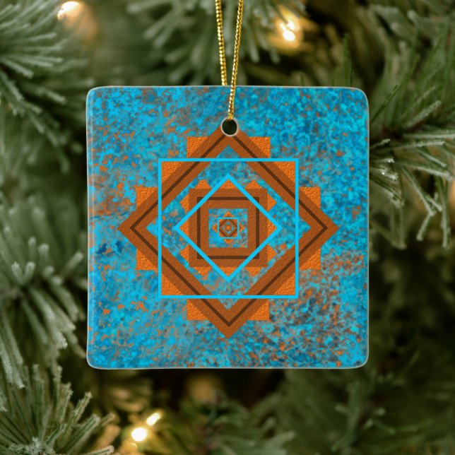 Southwest Mountain Peaks Turquoise Geometric Ceramic Ornament (Tree)