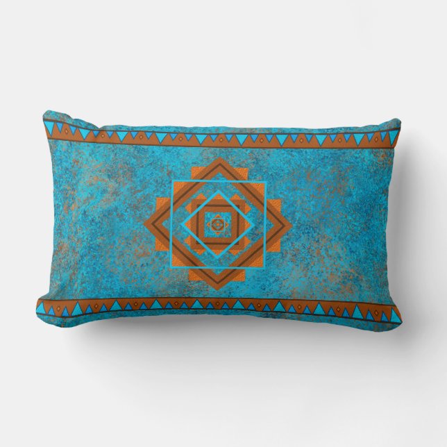 Southwest Mountain Peaks Turquoise Geometric Lumbar Cushion (Front)