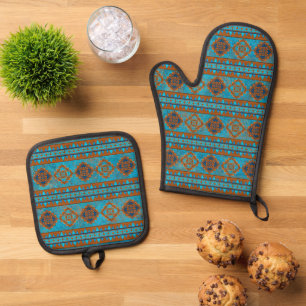 Southwest Mountain Peaks Turquoise Geometric Oven Mitt & Pot Holder Set
