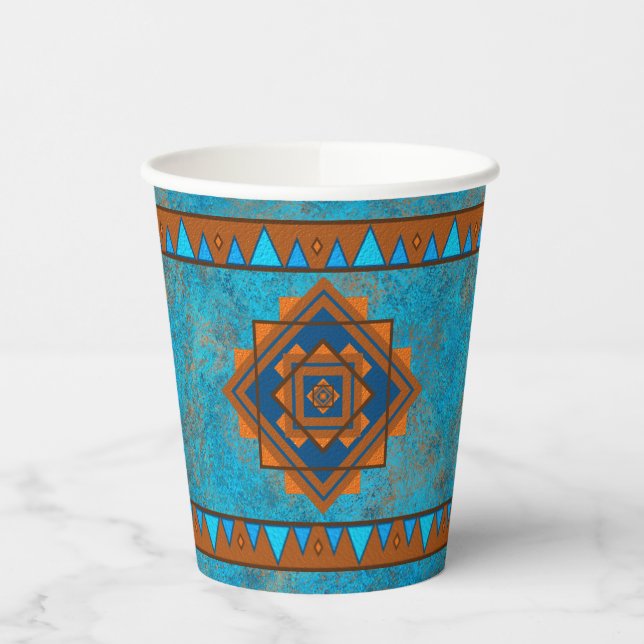 Southwest Mountain Peaks Turquoise Geometric  Paper Cups (Left)