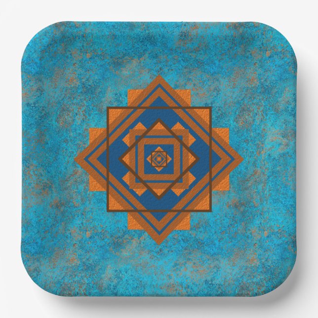Southwest Mountain Peaks Turquoise Geometric  Paper Plate (Front)
