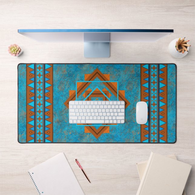 Southwest Mountain Peaks Turquoise Geometric Print Desk Mat (Office 1)