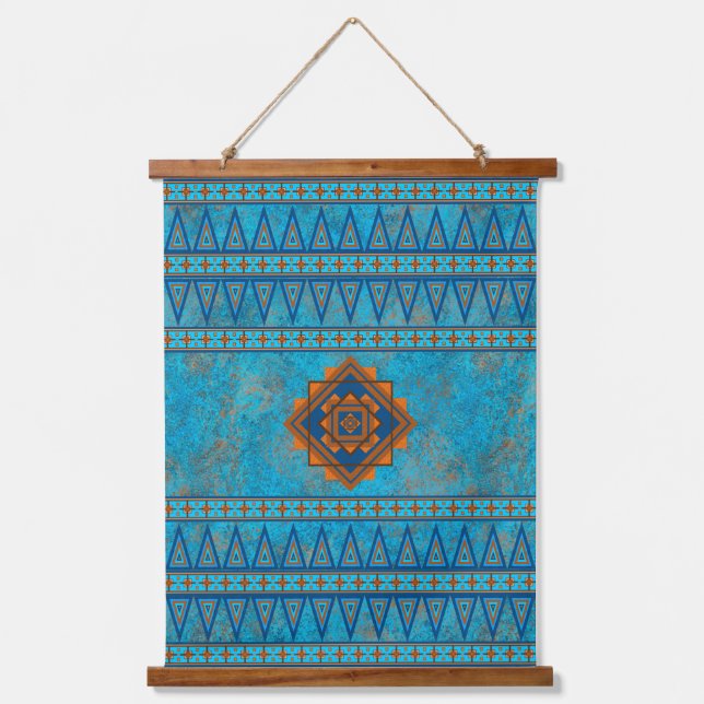 Southwest Mountain Peaks Turquoise Geometric Print Hanging Tapestry (Front)