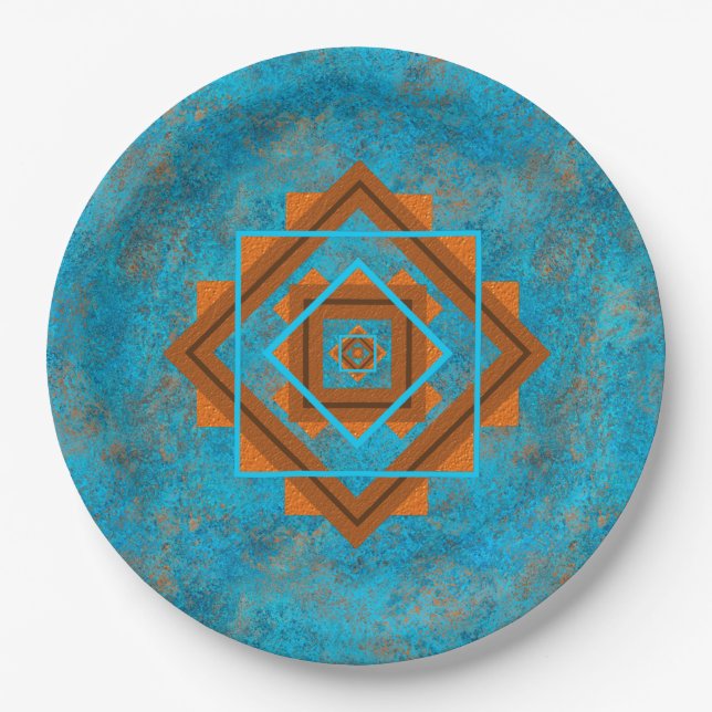 Southwest Mountain Peaks Turquoise Geometric Print Paper Plate (Front)