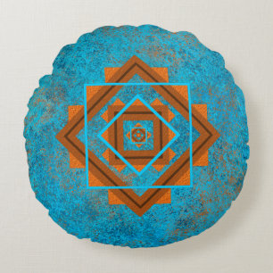 Southwest Mountain Peaks Turquoise Geometric Round Cushion