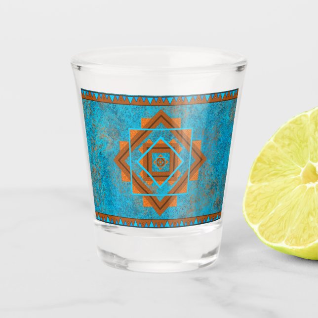 Southwest Mountain Peaks Turquoise Geometric Shot Glass (Front)
