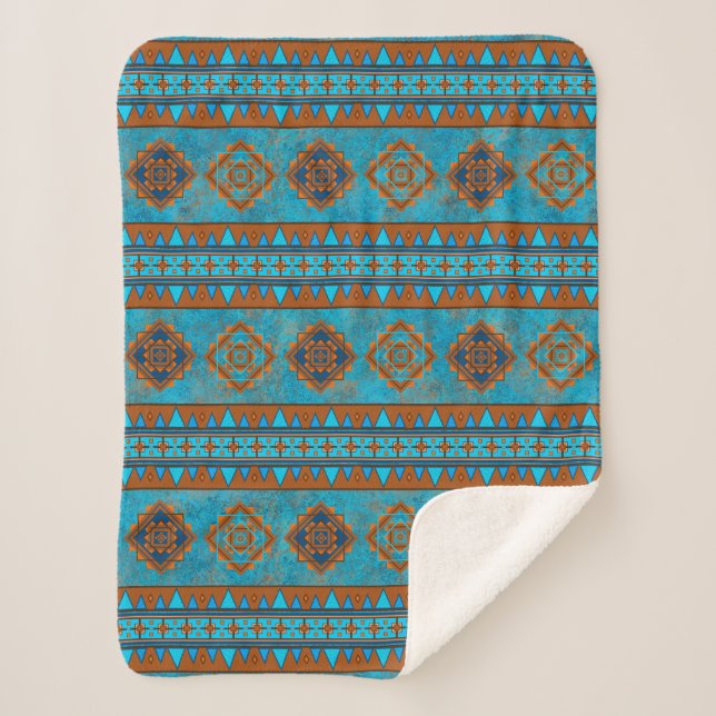 Southwest Mountain Peaks Turquoise Geometric Small Sherpa Blanket (Front)