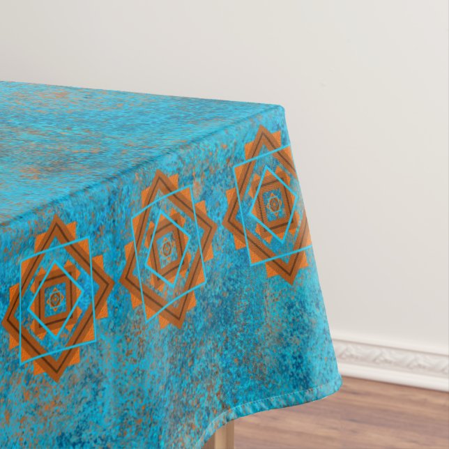 Southwest Mountain Peaks Turquoise Geometric Small Tablecloth (In Situ)