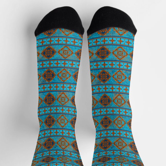 Southwest Mountain Peaks Turquoise Geometric Socks (Top)
