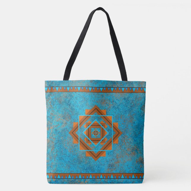 Southwest Mountain Peaks Turquoise Geometric Tote Bag (Front)
