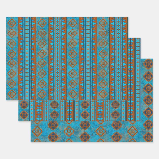 Southwest Mountain Peaks Turquoise Geometric Wrapping Paper Sheet (Set)