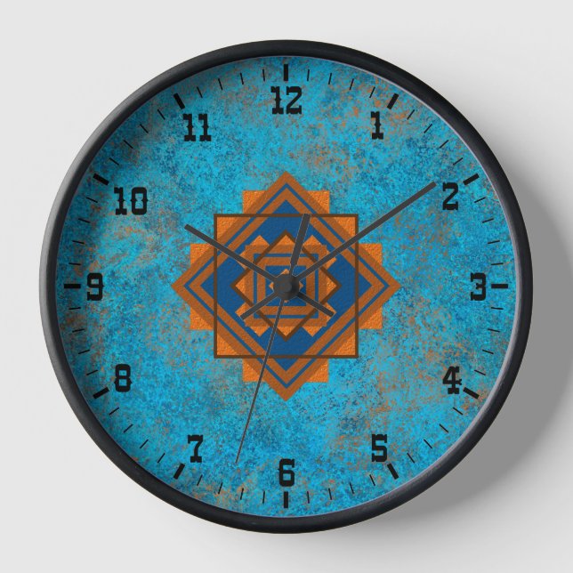 Southwest Mountain Peaks Turquoise Old West Framed Clock (Front)