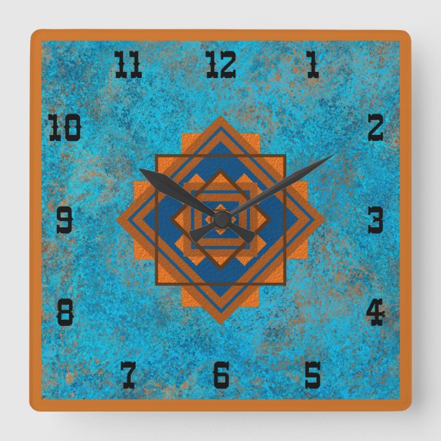 Southwest Mountain Peaks Turquoise Western Style S Square Wall Clock (Front)