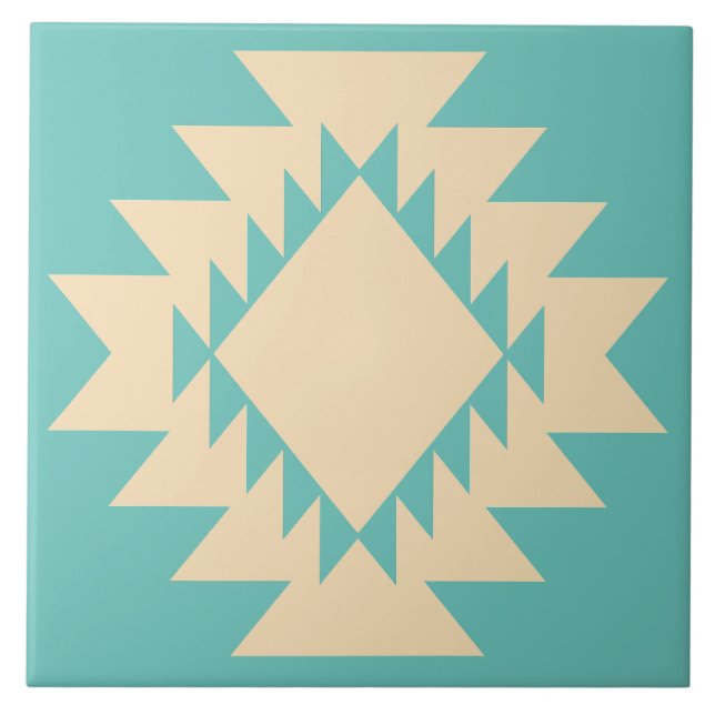 Southwest Native American Geometric Turquoise Tan Tile (Front)