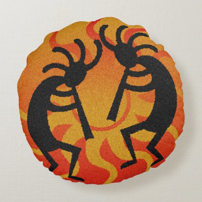 Southwest Orange Tribal Desert Sun Kokopelli Round Cushion (Back)