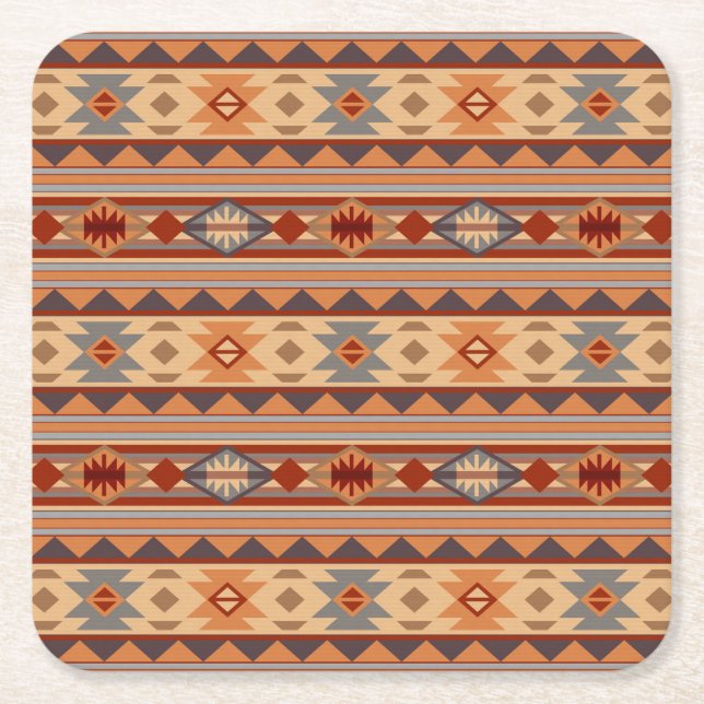 Southwest Pattern Design Tan Square Paper Coaster (Front)
