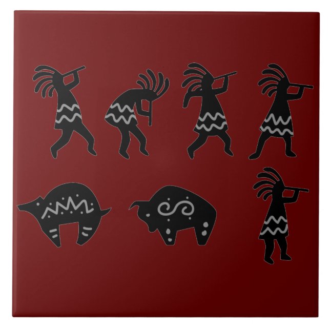 Southwest Petroglyh Dark Red Kokopelli  Tile (Front)
