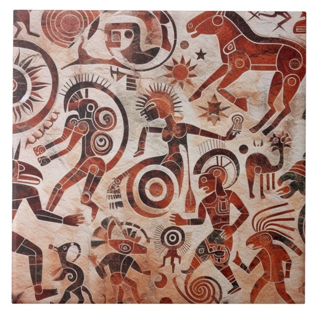Southwest Petroglyph Design | Animals and Dancers Tile (Front)