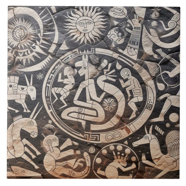 Southwest Petroglyph Design Animals Moon Dancing  Tile (Front)