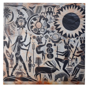 Southwest Petroglyph Design Animals Moon Dancing  Tile