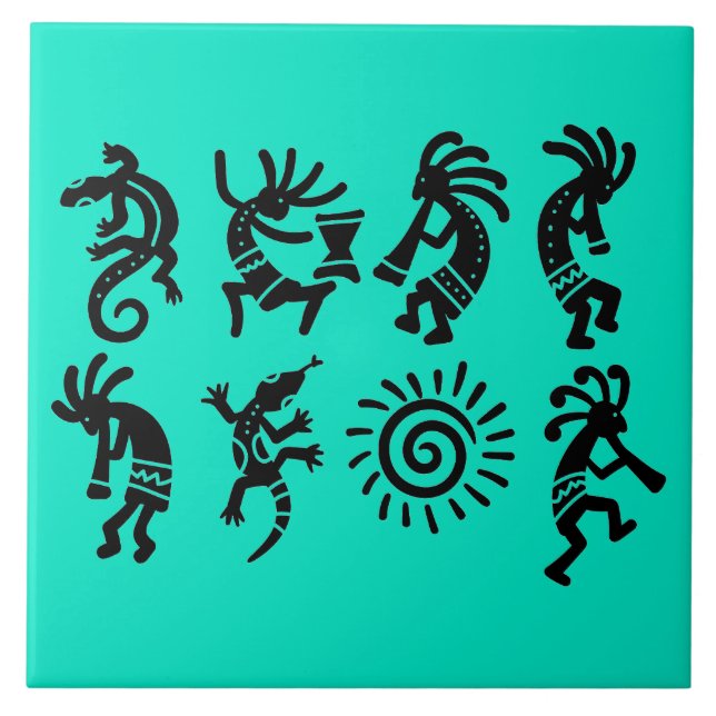 Southwest Petroglyph Kokopelli Turquoise Tile (Front)