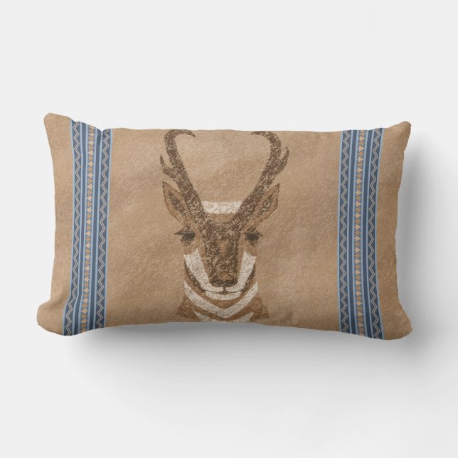 Southwest Pronghorn Antelope Face Blue Border Lumbar Cushion (Front)