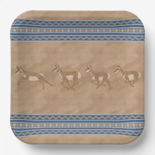 Southwest Pronghorn Antelope Herd Geometric Border Paper Plate