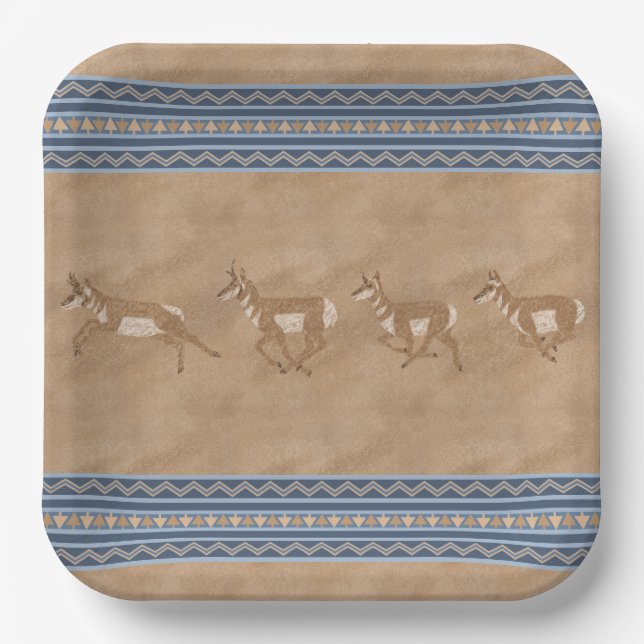 Southwest Pronghorn Antelope Herd Geometric Border Paper Plate (Front)