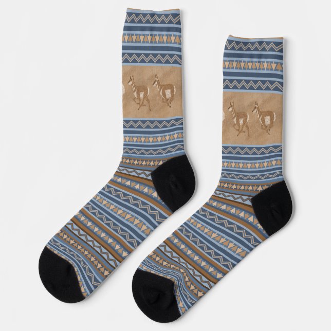 Southwest Pronghorn Antelopes Blue & Brown Border Socks (Left)