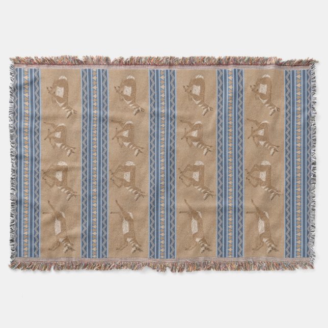 Southwest Pronghorn Antelopes Blue & Brown Border Throw Blanket (Front)