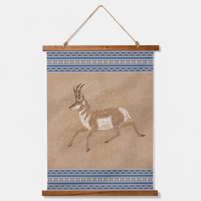Southwest Pronghorn Running Antelope Blue Border Hanging Tapestry (Front)