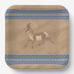 Southwest Pronghorn Running Antelope Blue Border Paper Plate