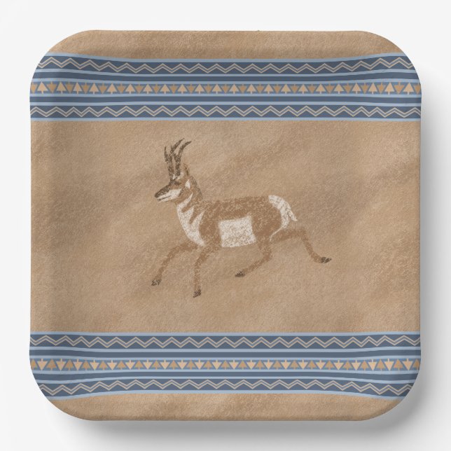 Southwest Pronghorn Running Antelope Blue Border Paper Plate (Front)