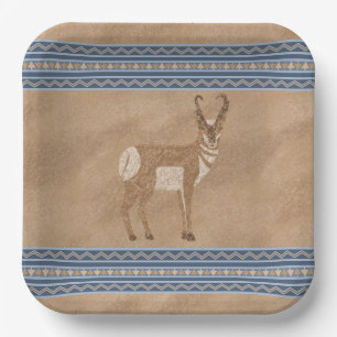 Southwest Pronghorn Standing Antelope Blue Border Paper Plate