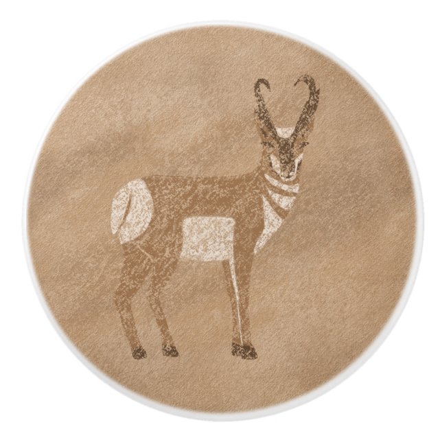 Southwest Pronghorn Standing Antelope Petroglyph  Ceramic Knob (Front)