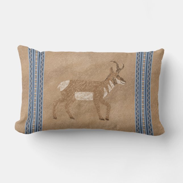 Southwest Pronghorn Walking Antelope Blue Border Lumbar Cushion (Front)