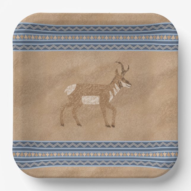 Southwest Pronghorn Walking Antelope Blue Border Paper Plate (Front)