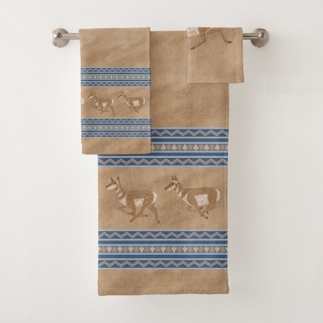 Southwest Pronghorns Running Antelope Blue Border Bath Towel Set (Insitu)