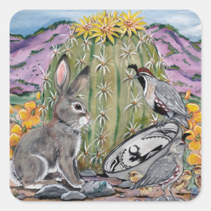 Southwest Rabbit Animal Cactus Art  Square Sticker