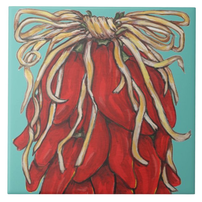 Southwest Red Chile Ristra Top House # Turquoise Tile (Front)