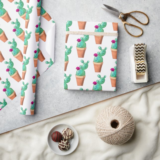Southwest Red Flowering Potted Cactus Pattern Wrapping Paper (Crafts)