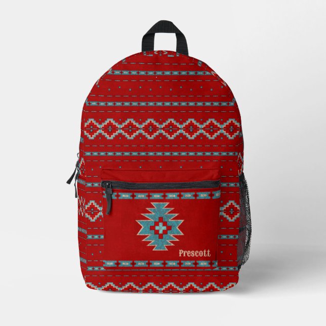 Southwest Red & Turquoise Geometric Monogram Printed Backpack (Front)