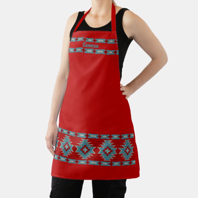 Southwest Red & Turquoise Geometric Personalised Apron (Insitu)
