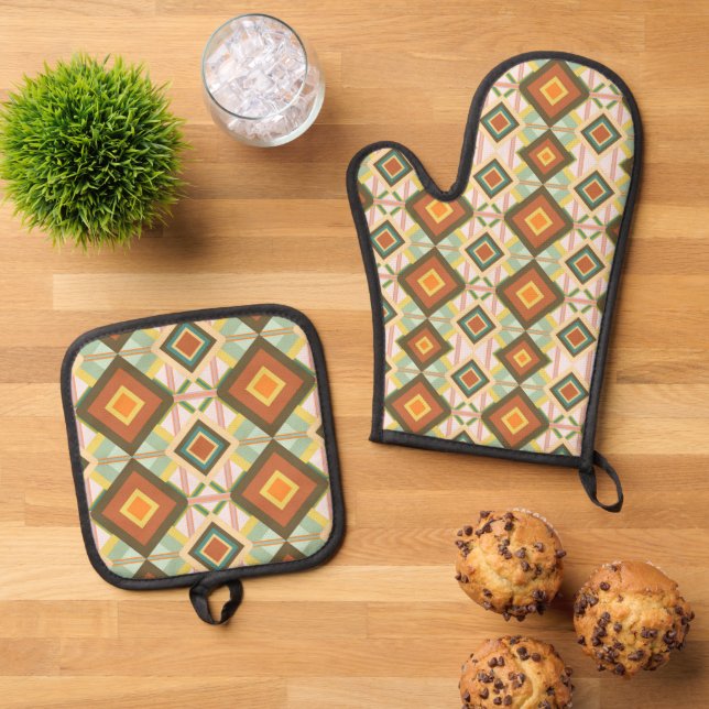 Southwest Retro Pop Art Diamonds Pattern Oven Mitt & Pot Holder Set (Top Down)