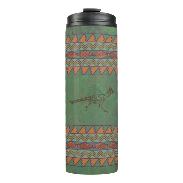 Southwest Roadrunner Green and Orange Geometric  Thermal Tumbler (Front)